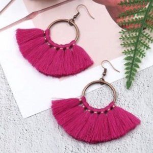 Rustic Boho Tassel Fringe Fan Dangle Earrings Pink